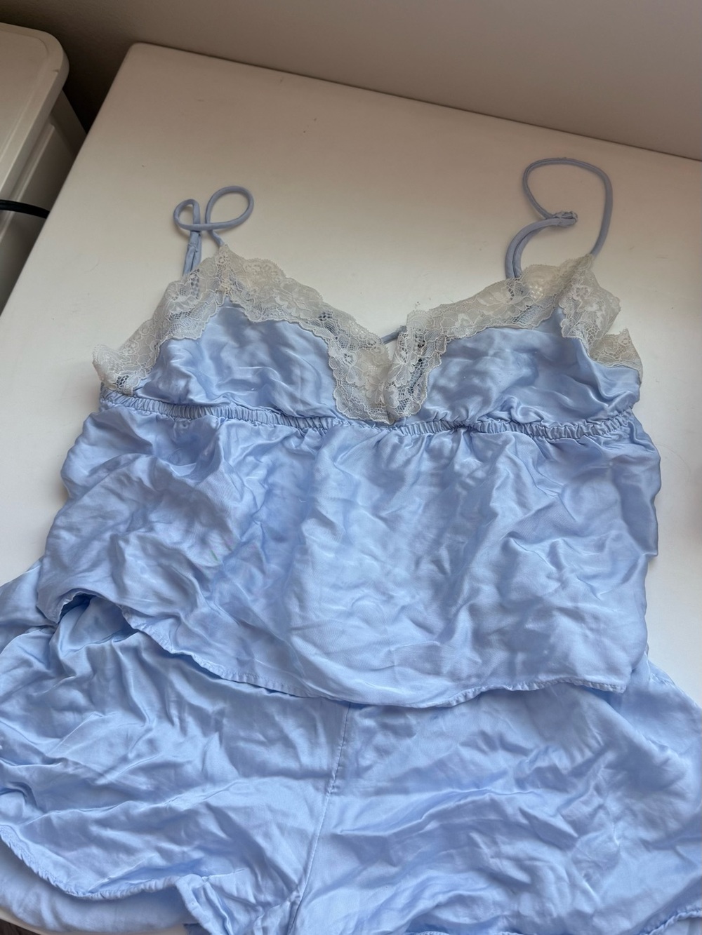 aerie Light Blue Satin Cami & Shorts Sleep Set with Cream Lace Trim